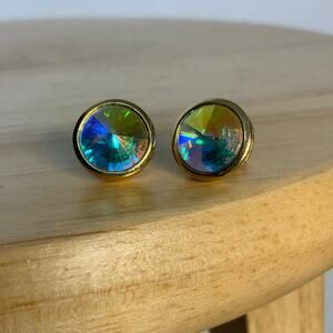 Vintage Iridescent Rainbow Aurora Borealis AB stones Stud Earrings Gold Tone